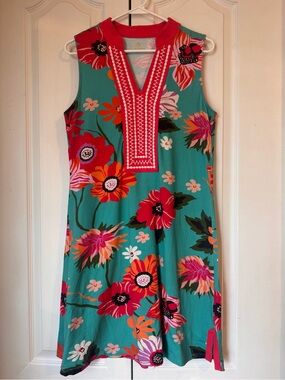 Spartina 449 Teal Floral Sleeveless V-Neck Dress with Coral Trim